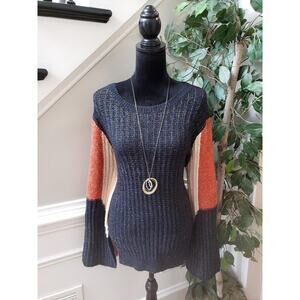 ADORA‎ Sweater Women's SM Navy Orange Ribbed Acrylic Knit Long Sleeve Round Neck